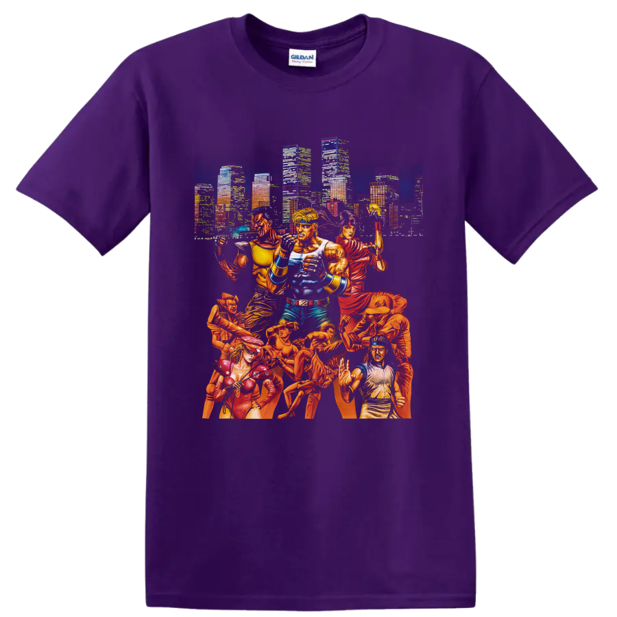 Streets of Rage fighters in comic-style action before a neon city skyline on a Purple T Shirt