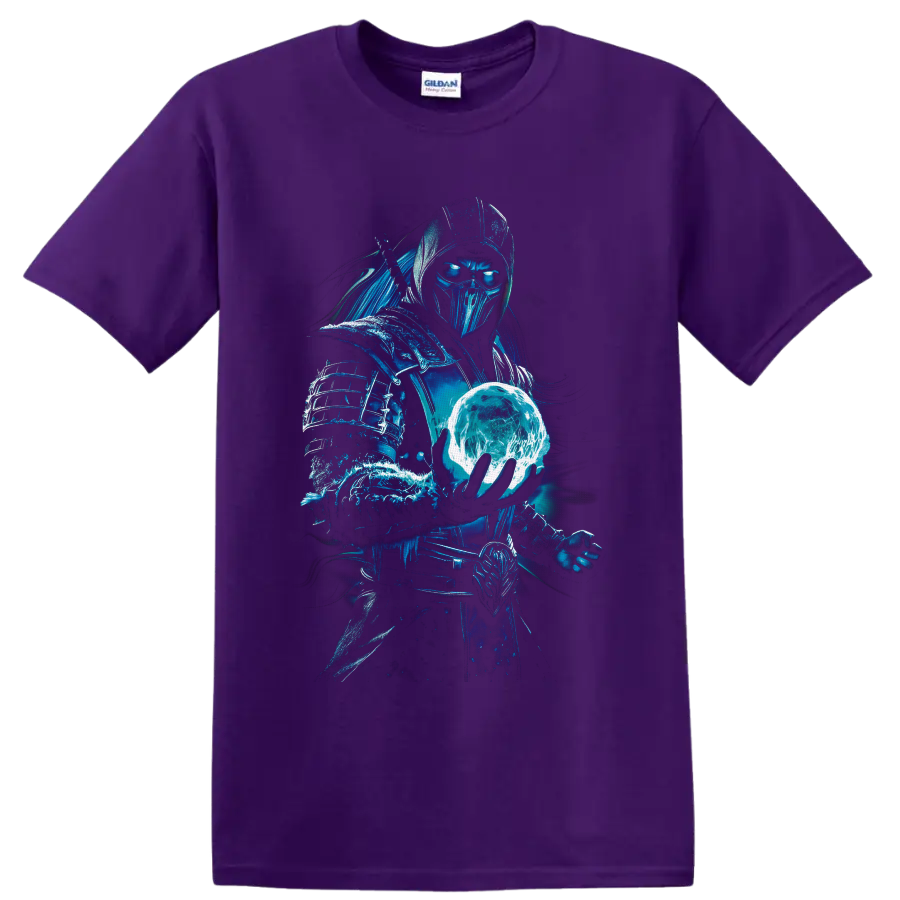 Sub-Zero ice warrior holding a glowing frozen orb in electric blue fantasy art on a Purple T Shirt