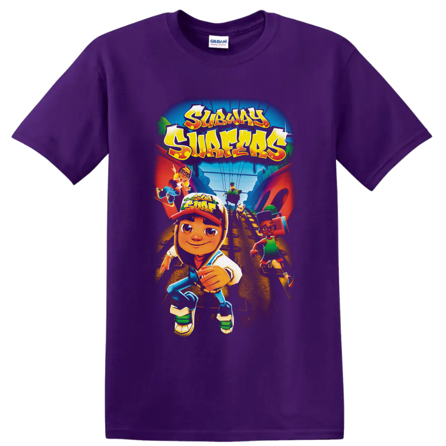 Subway Surfers runners racing along train tracks in colorful cartoon game art on a Purple T Shirt