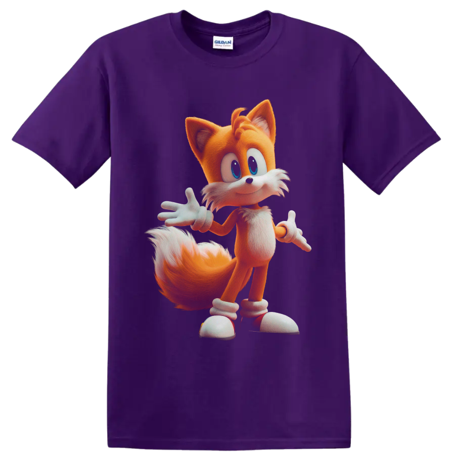 Tails from Sonic the Hedgehog in a colorful full-body cartoon pose on a Purple T Shirt