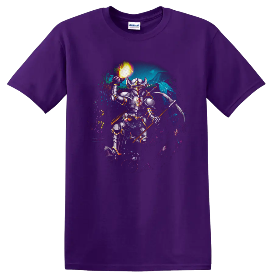 Terraria armored player character with fireball and polearm in a glowing cavern battle on a Purple T Shirt