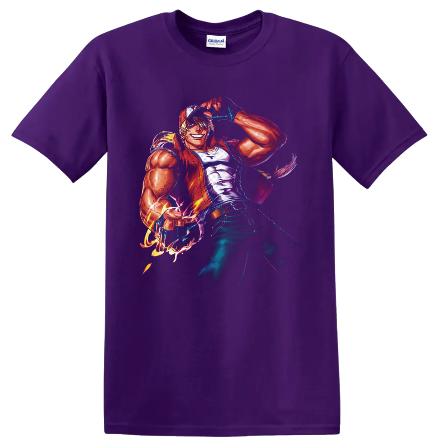 Terry Bogard anime-style fighter artwork tipping red cap with fiery glowing fist on a Purple T Shirt