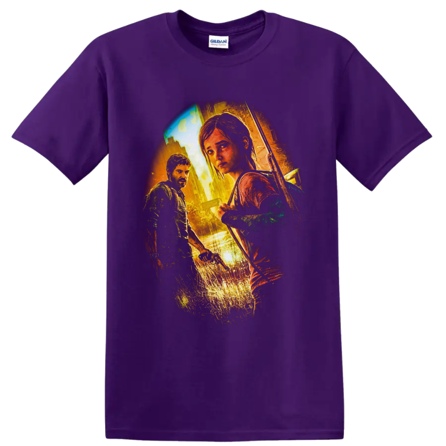 Joel and Ellie in distressed cinematic survivor art with bow and overgrown ruins on a Purple T Shirt