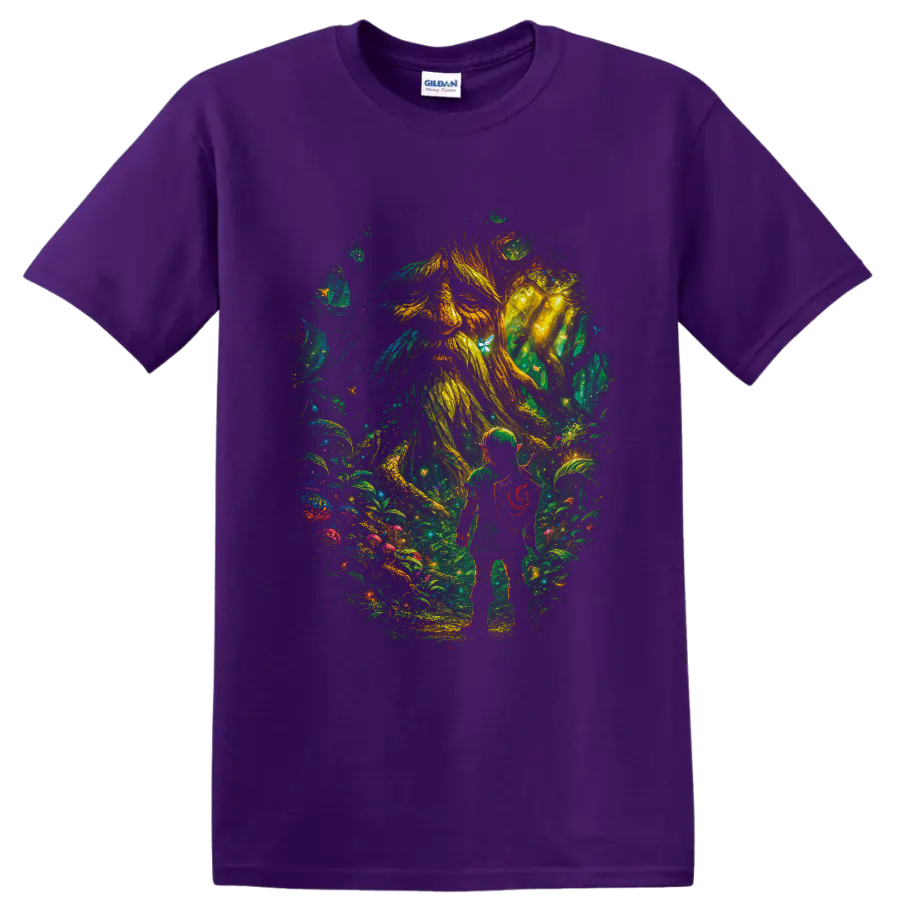 Link facing the Great Deku Tree in a glowing painterly fantasy forest on a Purple T Shirt