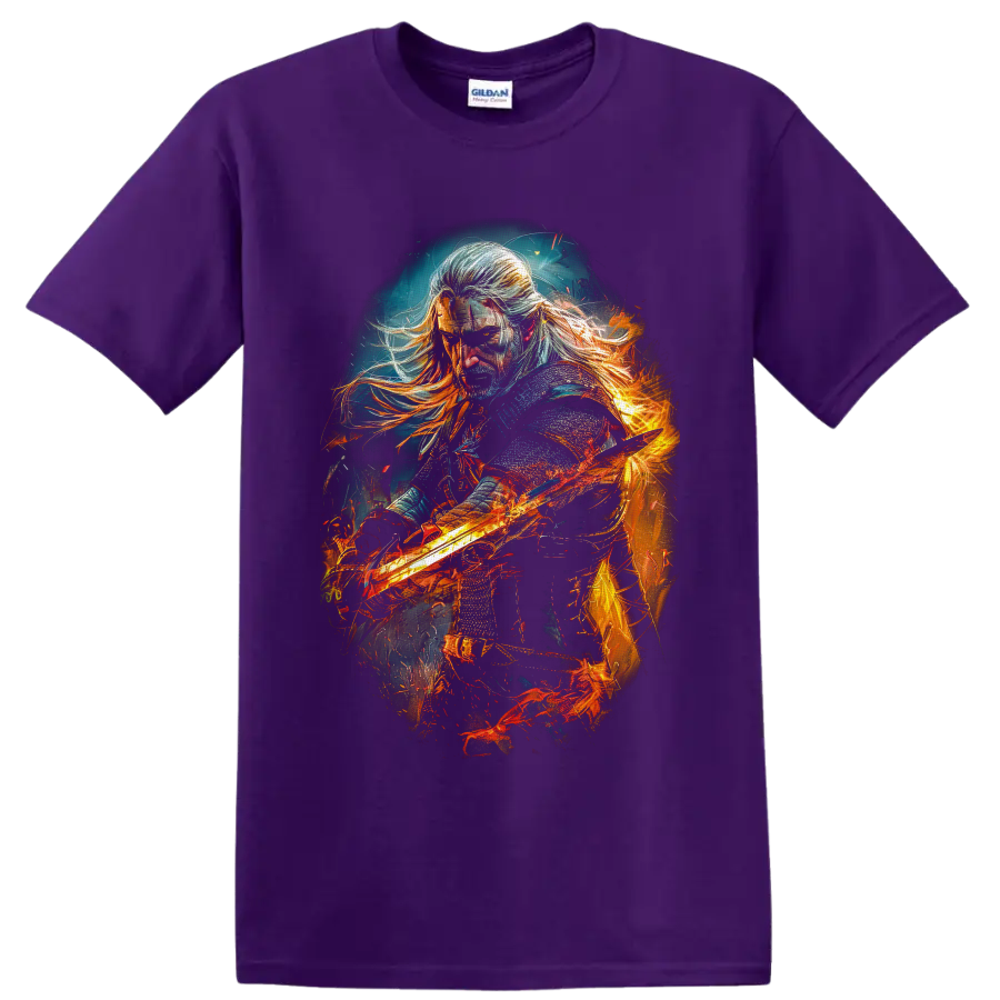 Geralt of Rivia with a fiery sword in dramatic painterly fantasy art on a Purple T Shirt