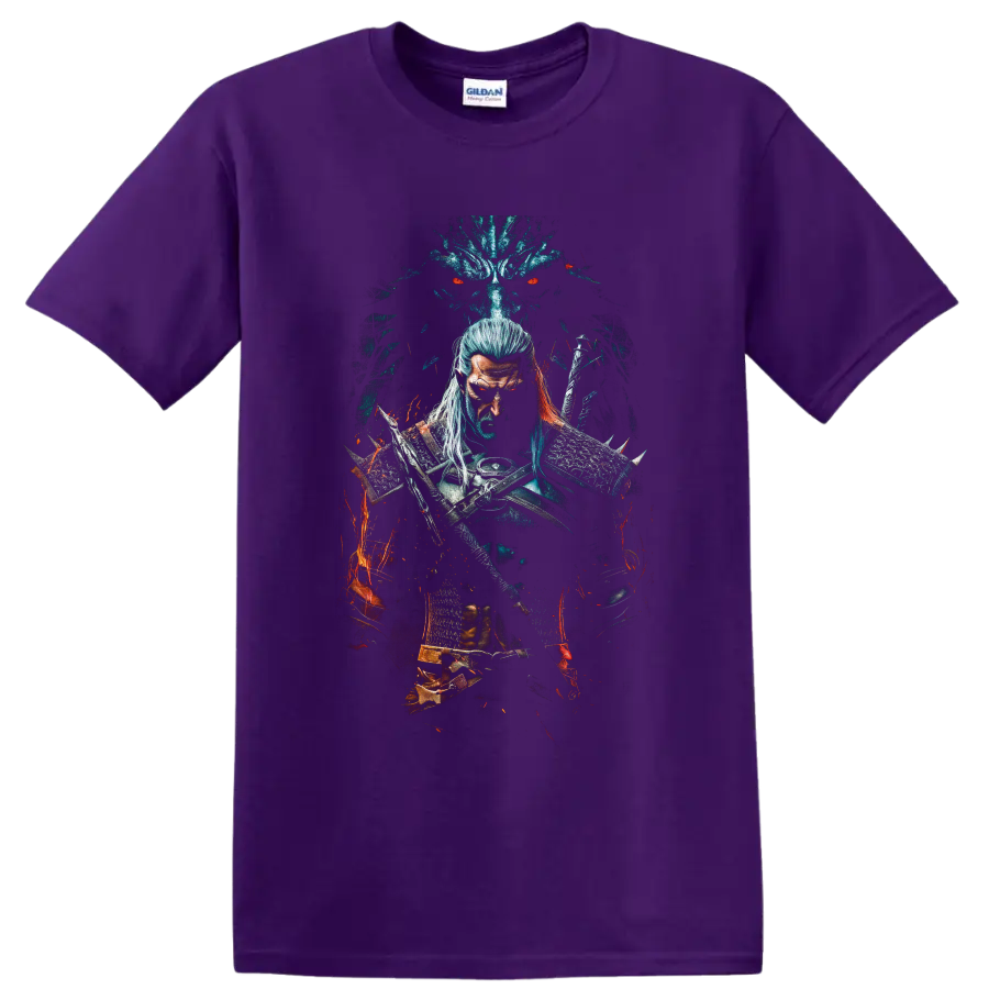 Geralt of Rivia with swords, wolf medallion, spectral wolf, and fiery dark fantasy art on a Purple T Shirt