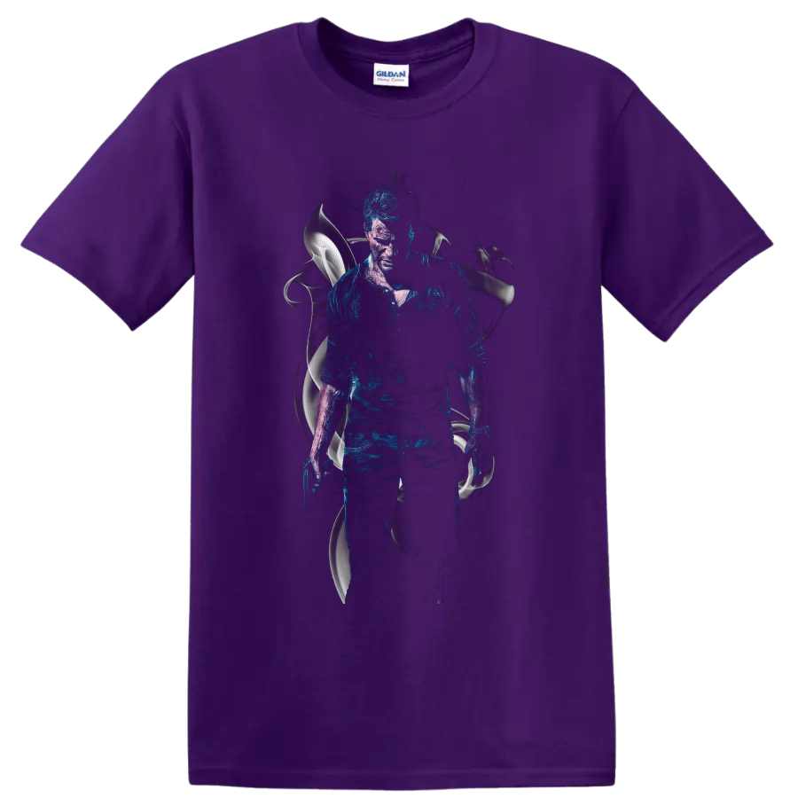 Nathan Drake Uncharted 4 blue textured action portrait with silver abstract accents on a Purple T Shirt