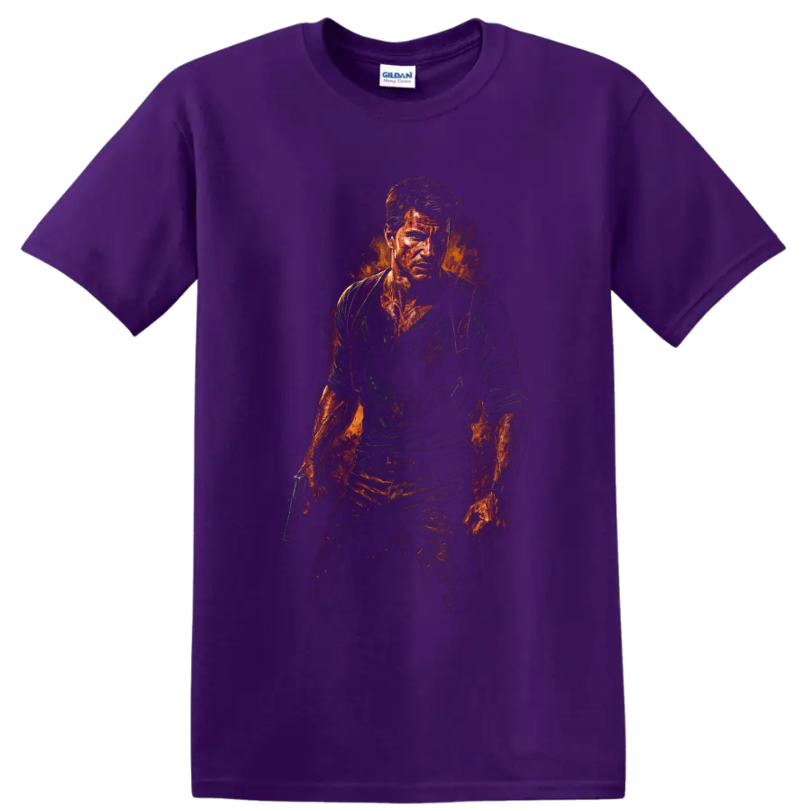 Nathan Drake Uncharted fiery painterly action portrait holding a pistol on a Purple T Shirt