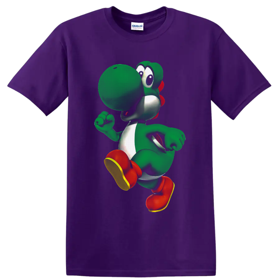 Yoshi running pose cartoon graphic from Super Mario on a Purple T Shirt
