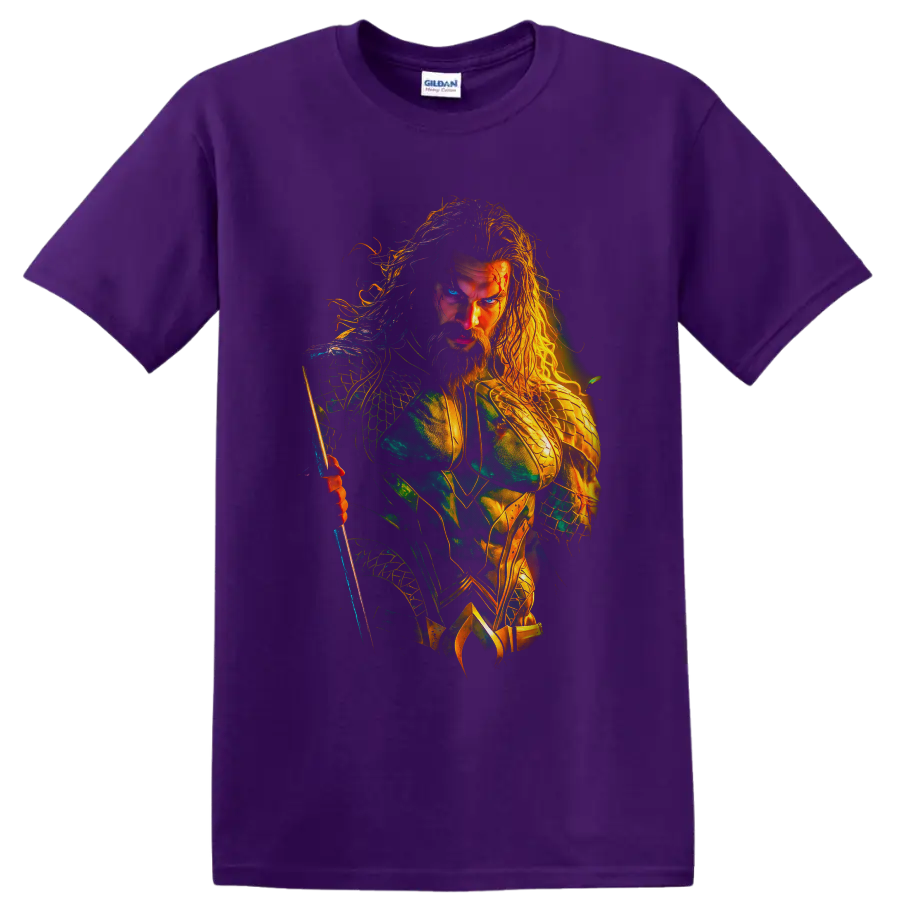 Aquaman trident warrior in luminous teal and gold comic-inspired armor art on a Purple T Shirt