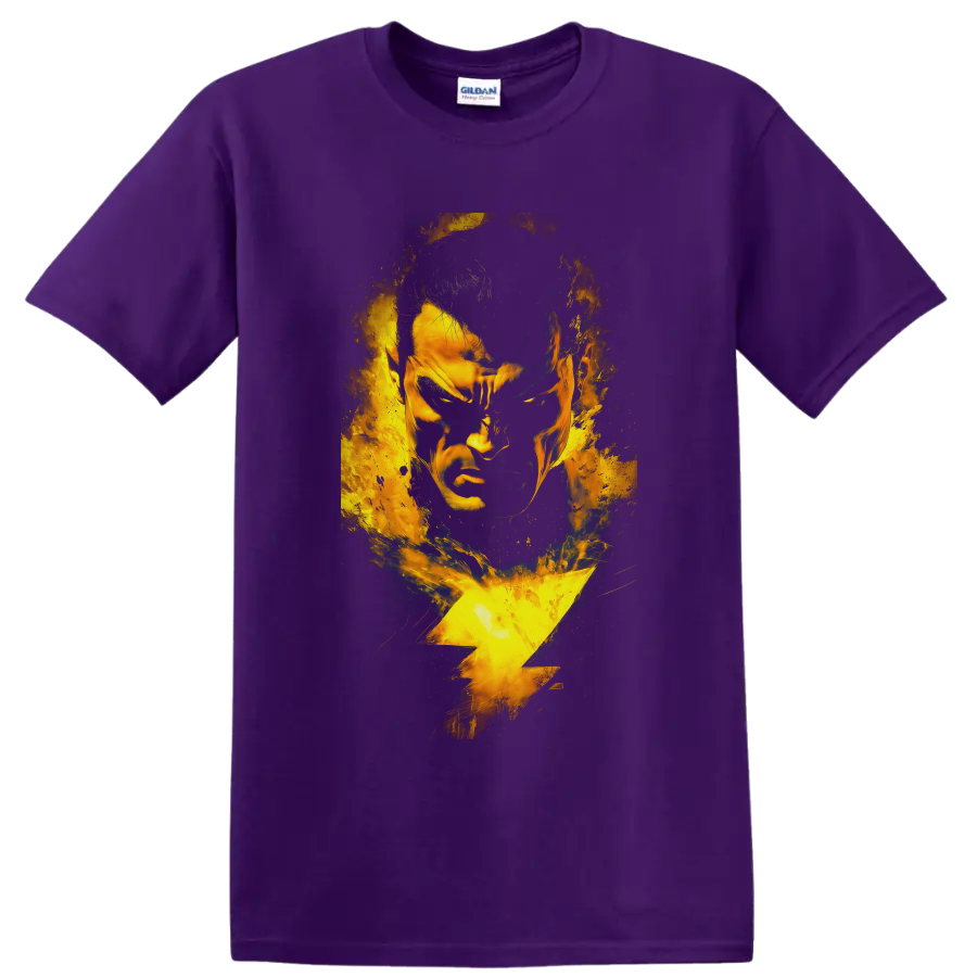 Shazam superhero portrait with golden lightning bolt and distressed comic-style energy on a Purple T Shirt