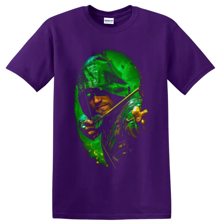 Green Arrow hooded archer portrait with golden bow and emerald comic-style glow on a Purple T Shirt