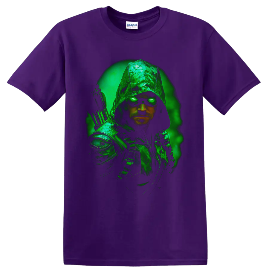 Green Arrow hooded archer portrait with glowing green eyes and neon aura on a Purple T Shirt