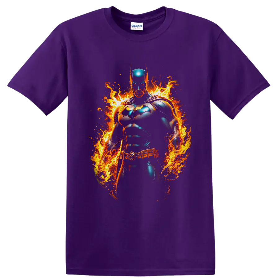 Batman White Lantern Brightest Day comic hero surrounded by vivid flames and embers on a Purple T Shirt