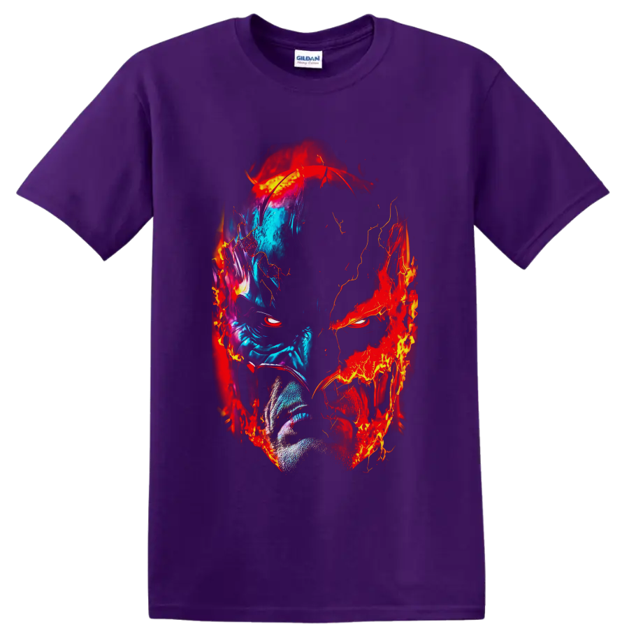 Batman split-face portrait in blue ice tones and red flame comic art on a Purple T Shirt
