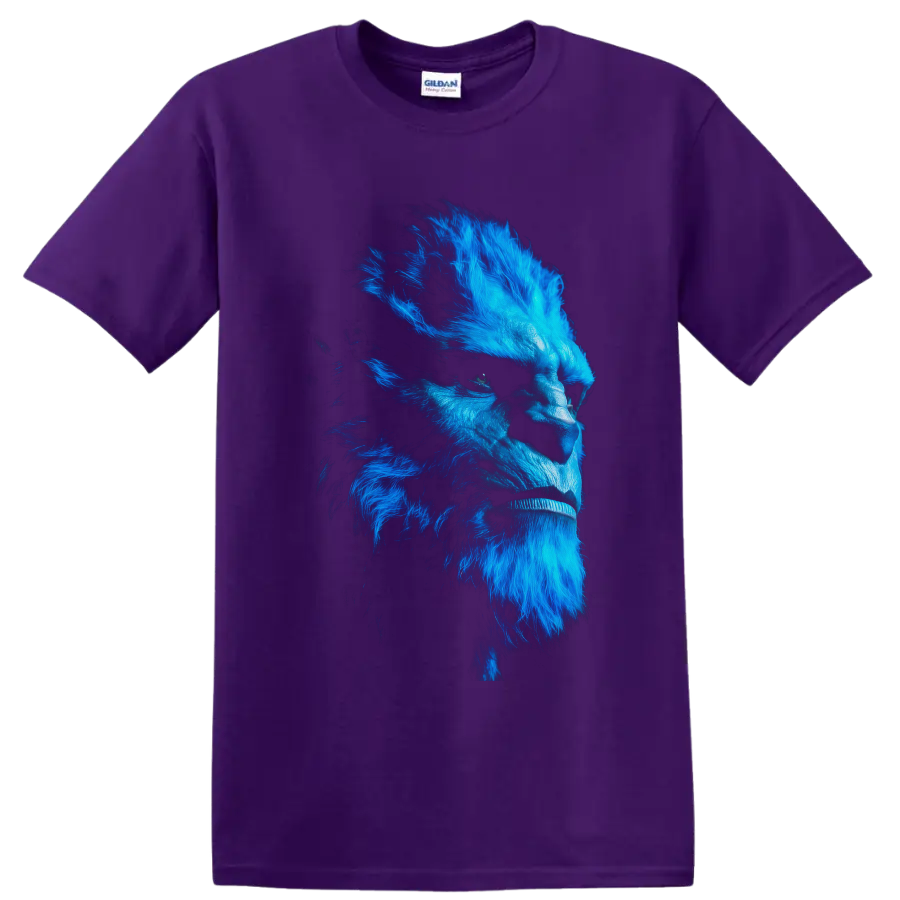 Beast X-Men electric blue mutant side-profile portrait in detailed comic-inspired style on a Purple T Shirt