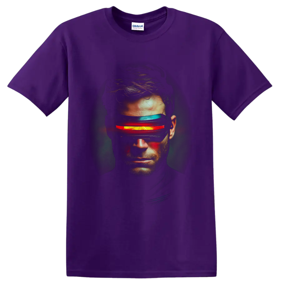 Cyclops Scott Summers portrait with glowing red visor beam in cinematic comic art on a Purple T Shirt