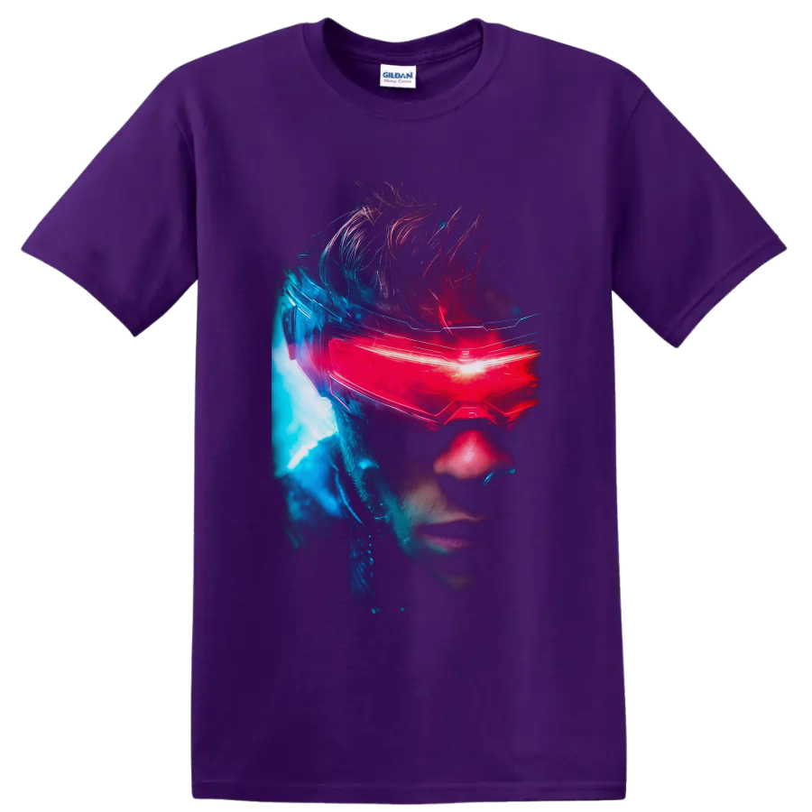 Cyclops Scott Summers neon portrait with glowing red visor and blue sci-fi light on a Purple T Shirt