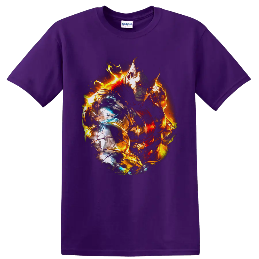 Escanor in silver and gold armor surrounded by blazing fire fantasy artwork on a Purple T Shirt