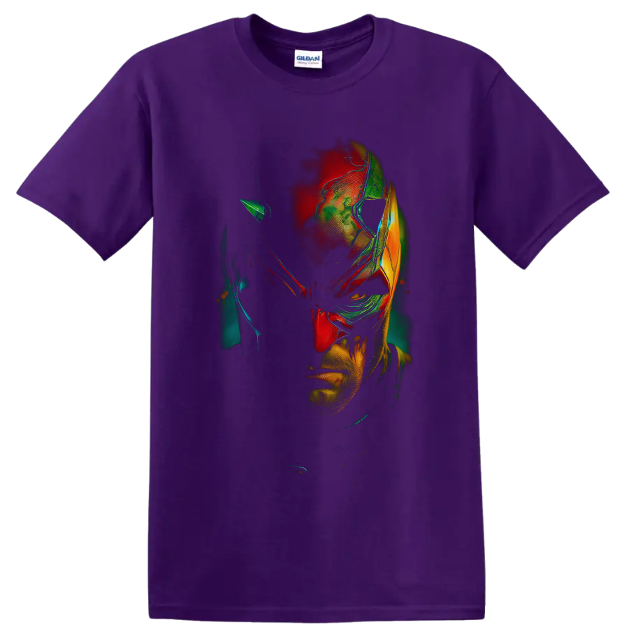 Daredevil Matt Murdock neon comic portrait with distressed red, teal, green, and gold on a Purple T Shirt