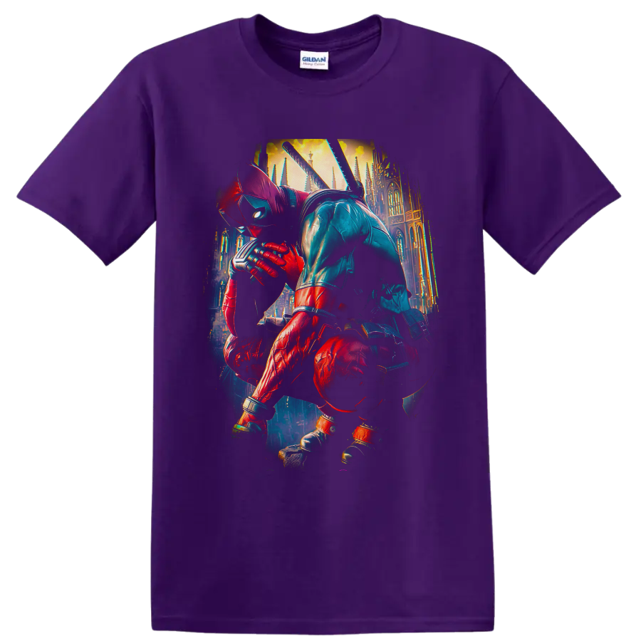 Deadpool crouching with katanas before a glowing Gothic cathedral in cinematic comic art on a Purple T Shirt
