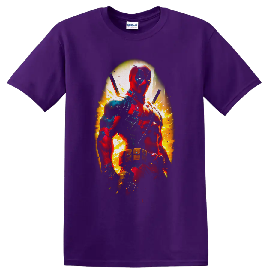 Deadpool in explosive comic action art with twin swords and fiery sparks on a Purple T Shirt