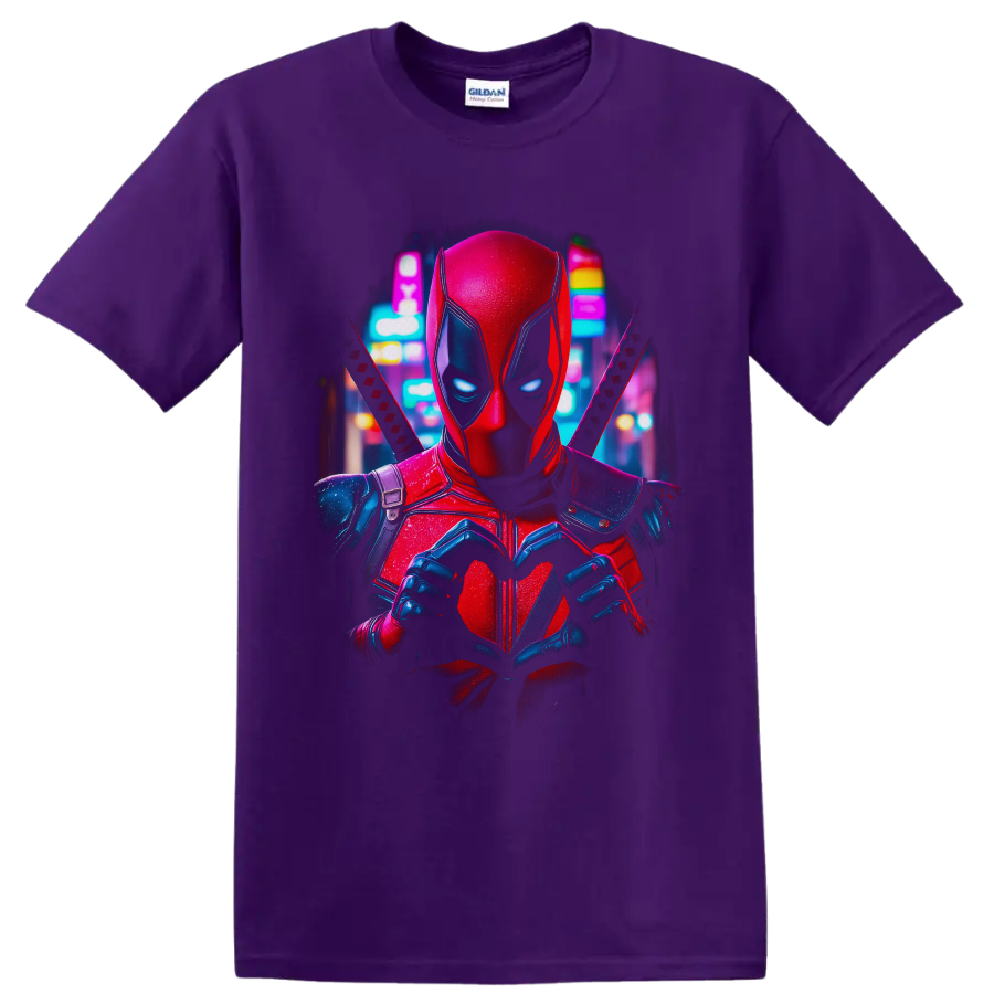 Deadpool making heart hands with crossed katanas in a neon city comic-art portrait on a Purple T Shirt