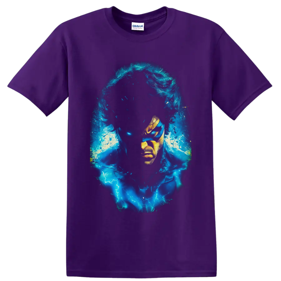 Iceman Bobby Drake portrait with electric blue ice energy and lightning effects on a Purple T Shirt