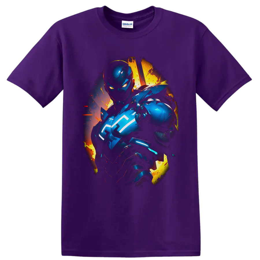 Iron Man in blue futuristic armor with glowing cyan energy and fiery comic explosion on a Purple T Shirt