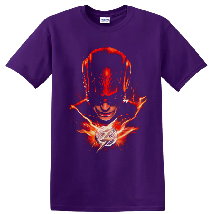 The Flash Barry Allen portrait with glowing lightning and chest emblem on a Purple T Shirt
