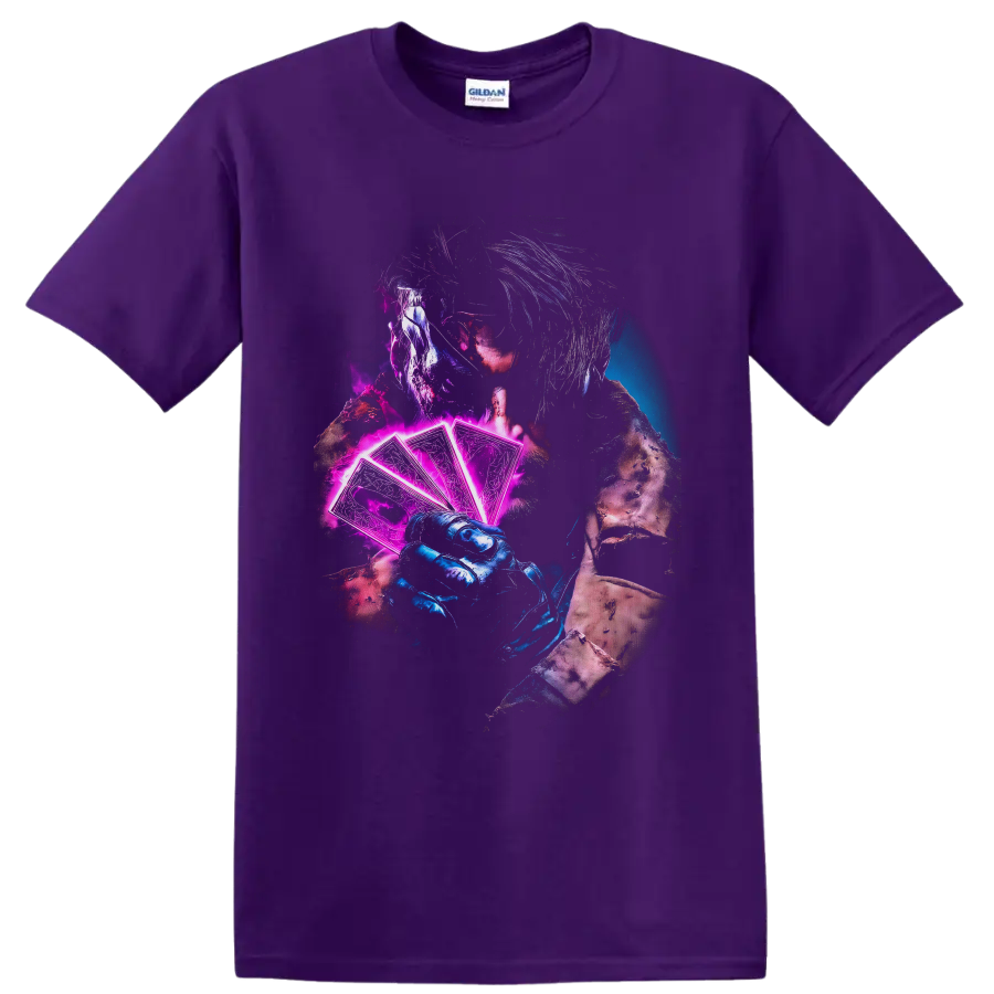 Gambit holding glowing neon playing cards in a gritty blue and magenta comic art style on a Purple T Shirt