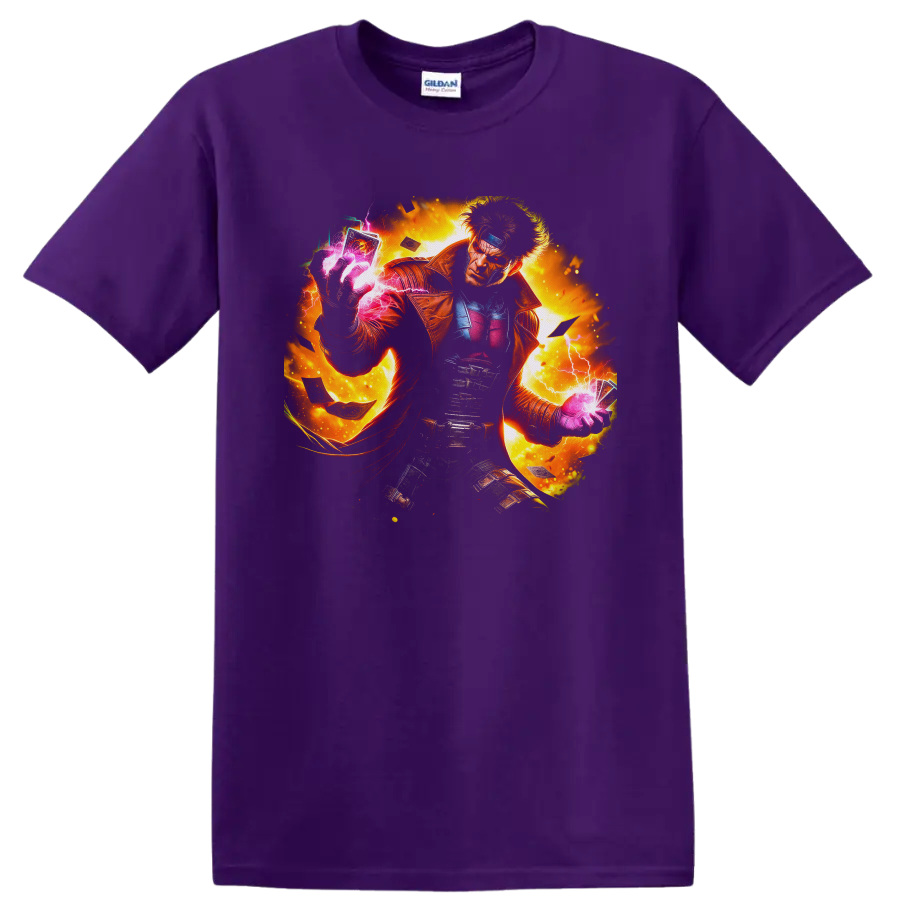 Gambit with glowing charged cards, lightning, and fiery comic-style action art on a Purple T Shirt
