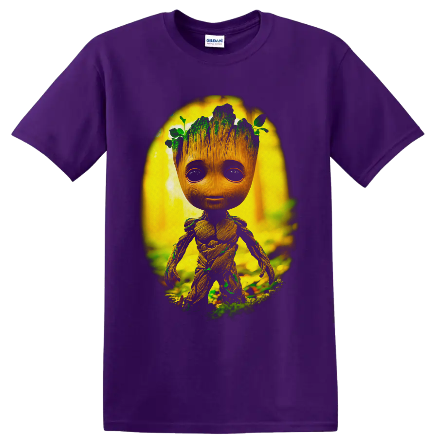 Baby Groot in a glowing forest with moss, vines, leaves, and detailed wood-grain texture on a Purple T Shirt