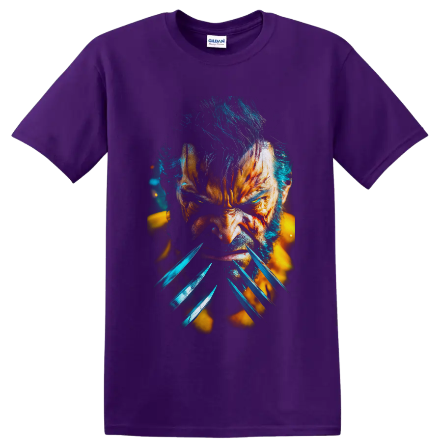 Wolverine Logan clawed close-up portrait in vivid teal and golden action art on a Purple T Shirt