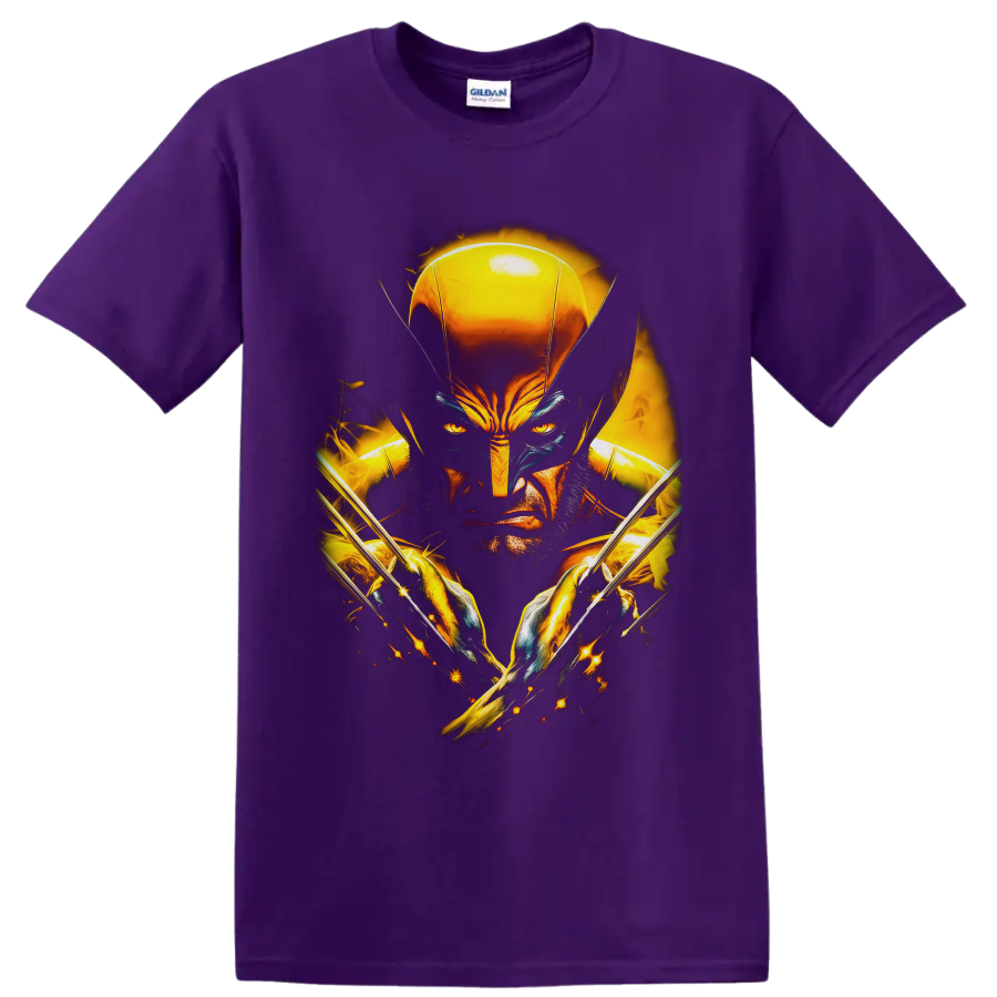 Wolverine Logan portrait with gold mask, crossed claws, sparks, and fiery superhero art on a Purple T Shirt