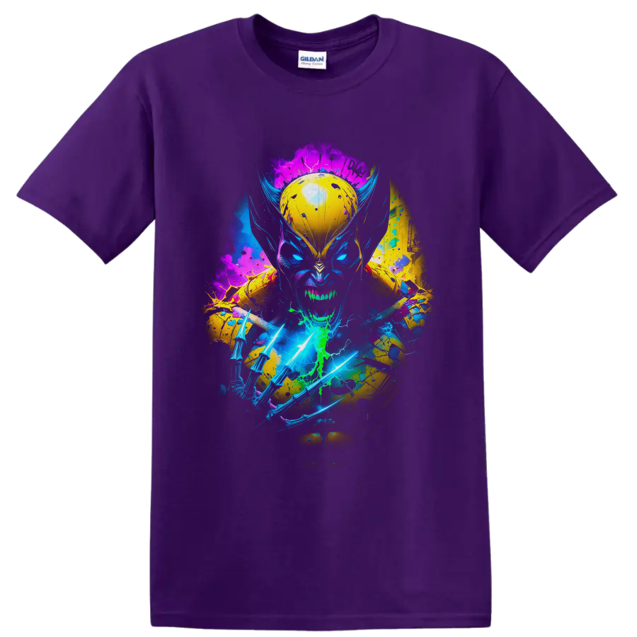 Wolverine neon comic portrait with glowing claws, lightning, and paint splatters on a Purple T Shirt