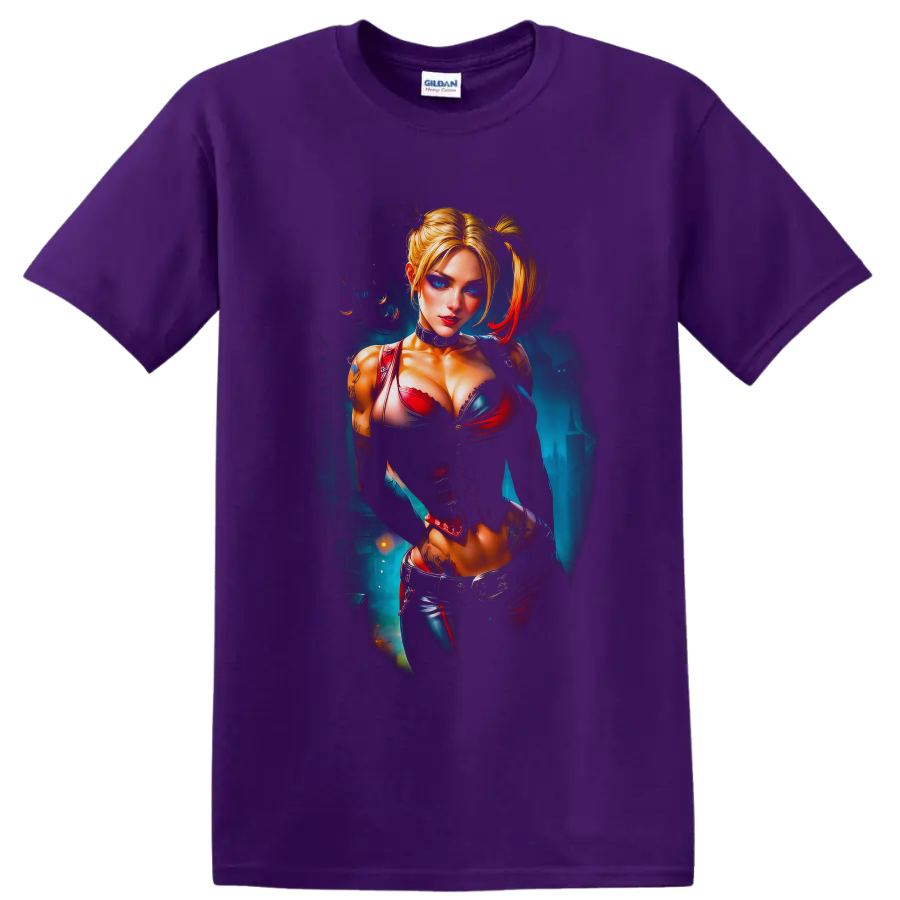 Harley Quinn portrait in red and blue corset art with blonde pigtails on a Purple T Shirt