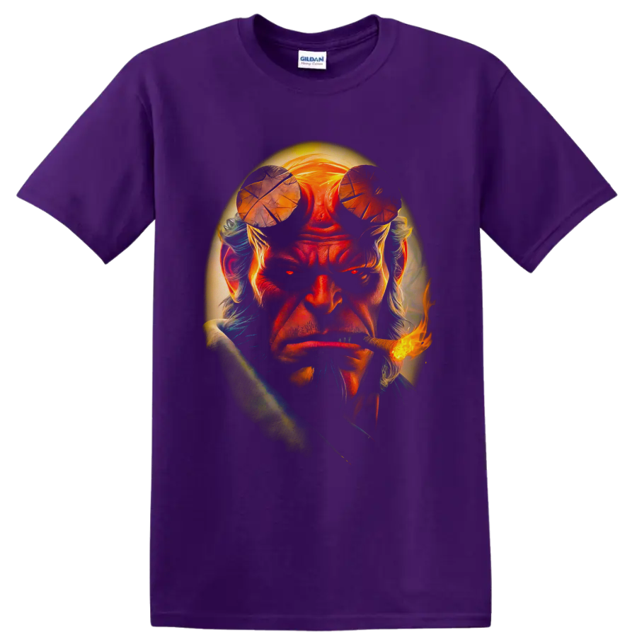 Hellboy dark fantasy portrait with cropped horns, glowing halo, and flaming pipe on a Purple T Shirt
