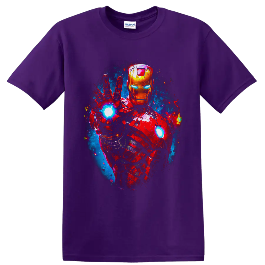Iron Man red and gold armor with glowing arc reactor and raised repulsor comic art on a Purple T Shirt