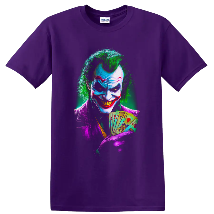Joker comic-style portrait with green hair, purple suit, sinister grin, and playing cards on a Purple T Shirt