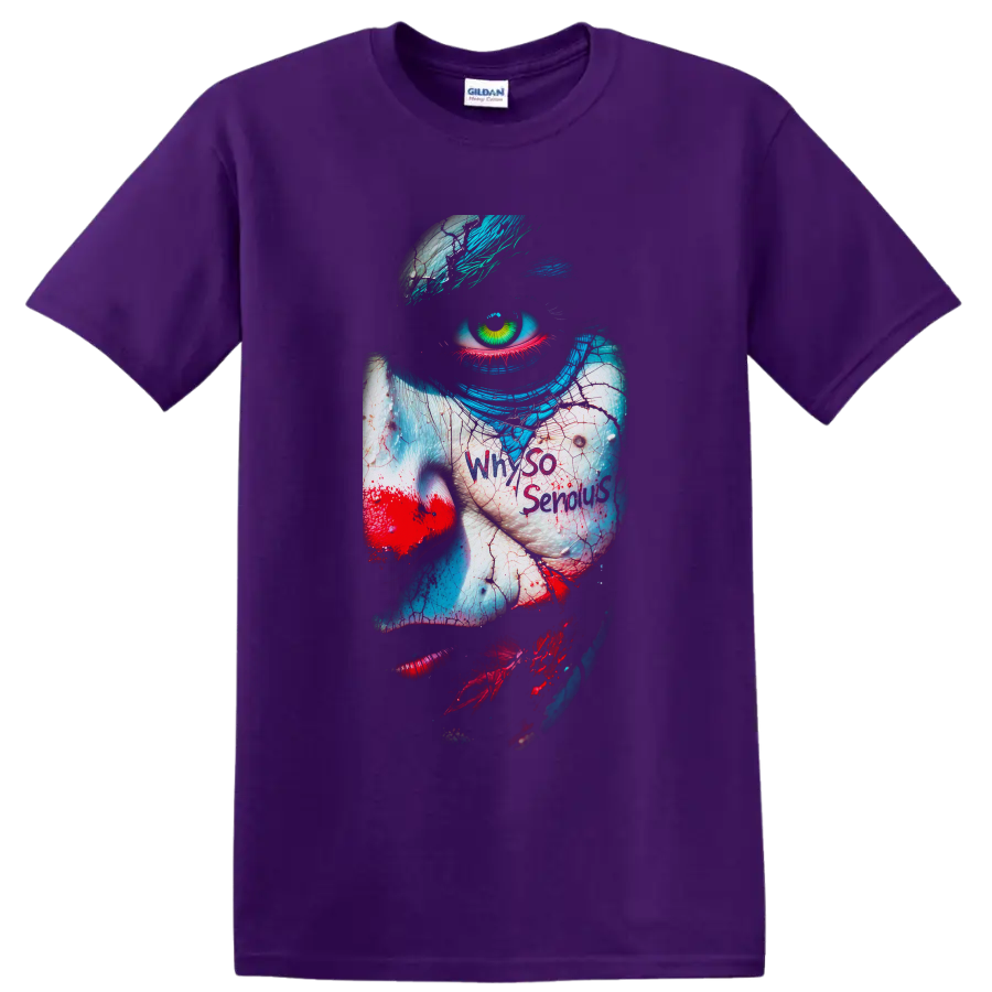 Joker horror clown close-up with green eye, teal hair, red lips, and cracked paint on a Purple T Shirt