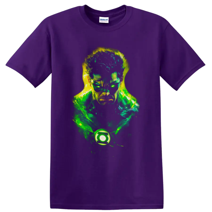 Hal Jordan Green Lantern neon portrait with glowing emblem and energy effects on a Purple T Shirt