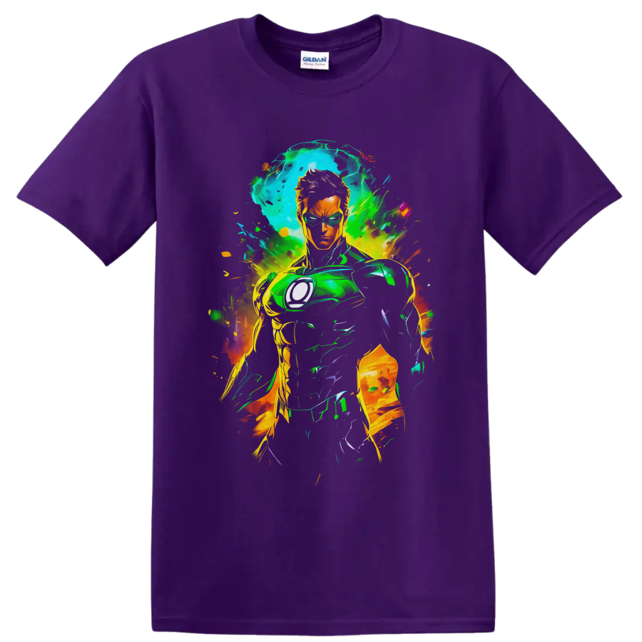Kyle Rayner as White Lantern in neon comic art with green energy and paint splashes on a Purple T Shirt