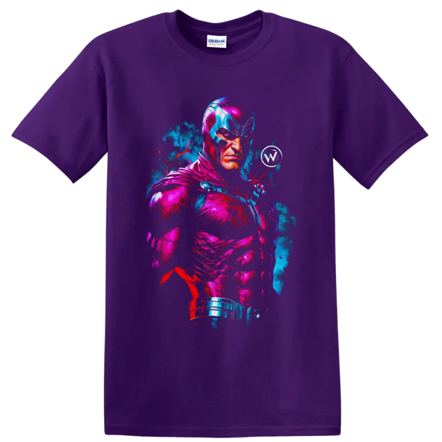 Citizen Steel neon armored superhero portrait with blue smoke and red paint splatters on a Purple T Shirt