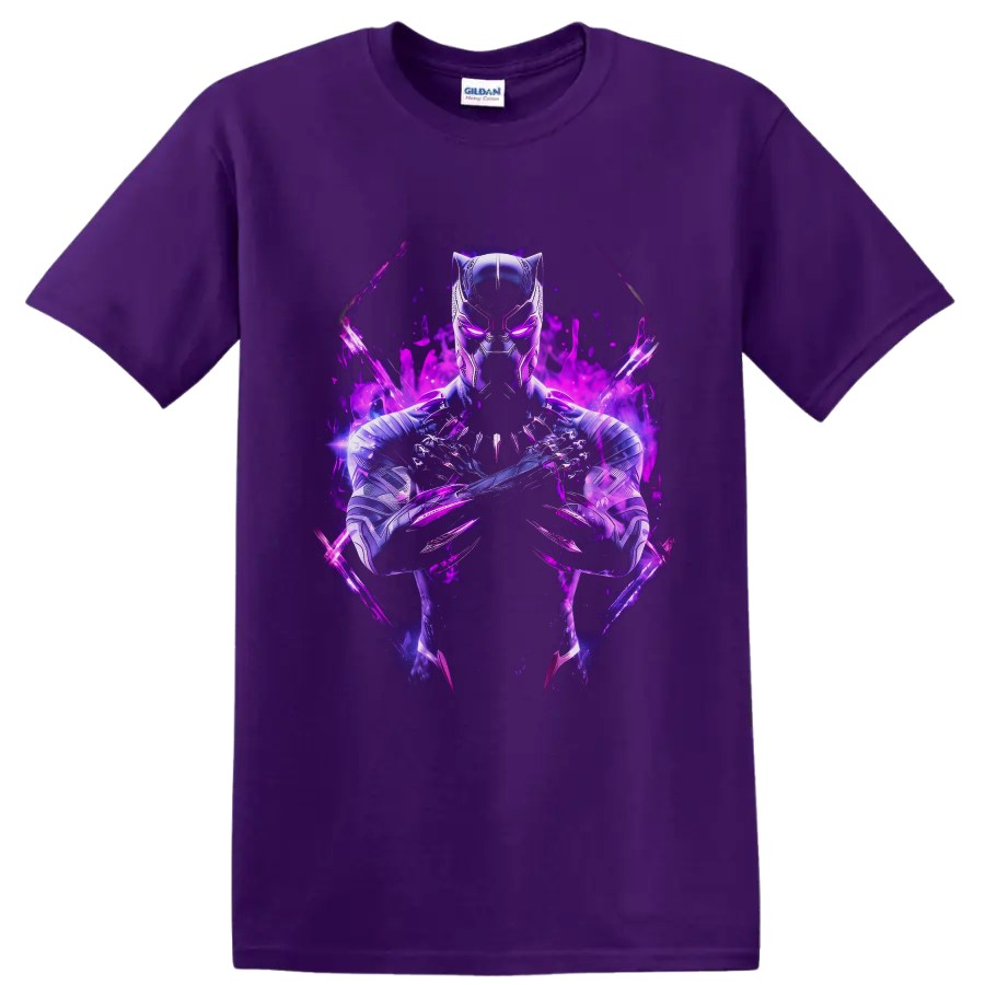 Black Panther T'Challa in metallic armor with crossed claws and glowing purple energy on a Purple T Shirt