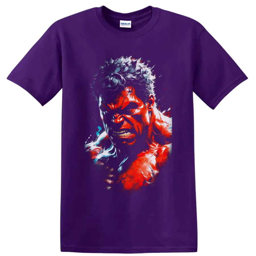 Red Hulk snarling portrait with clenched fist in explosive red and icy blue comic art on a Purple T Shirt
