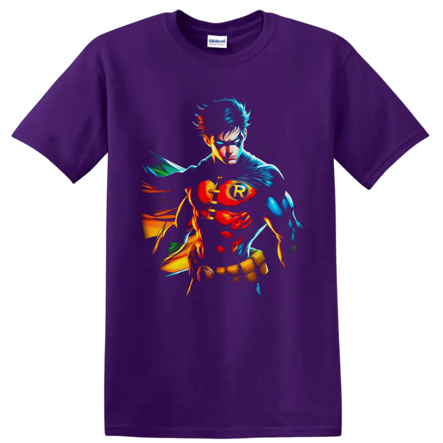 Absolute Robin Dick Grayson comic portrait with blue cape, R emblem, and colorful energy on a Purple T Shirt
