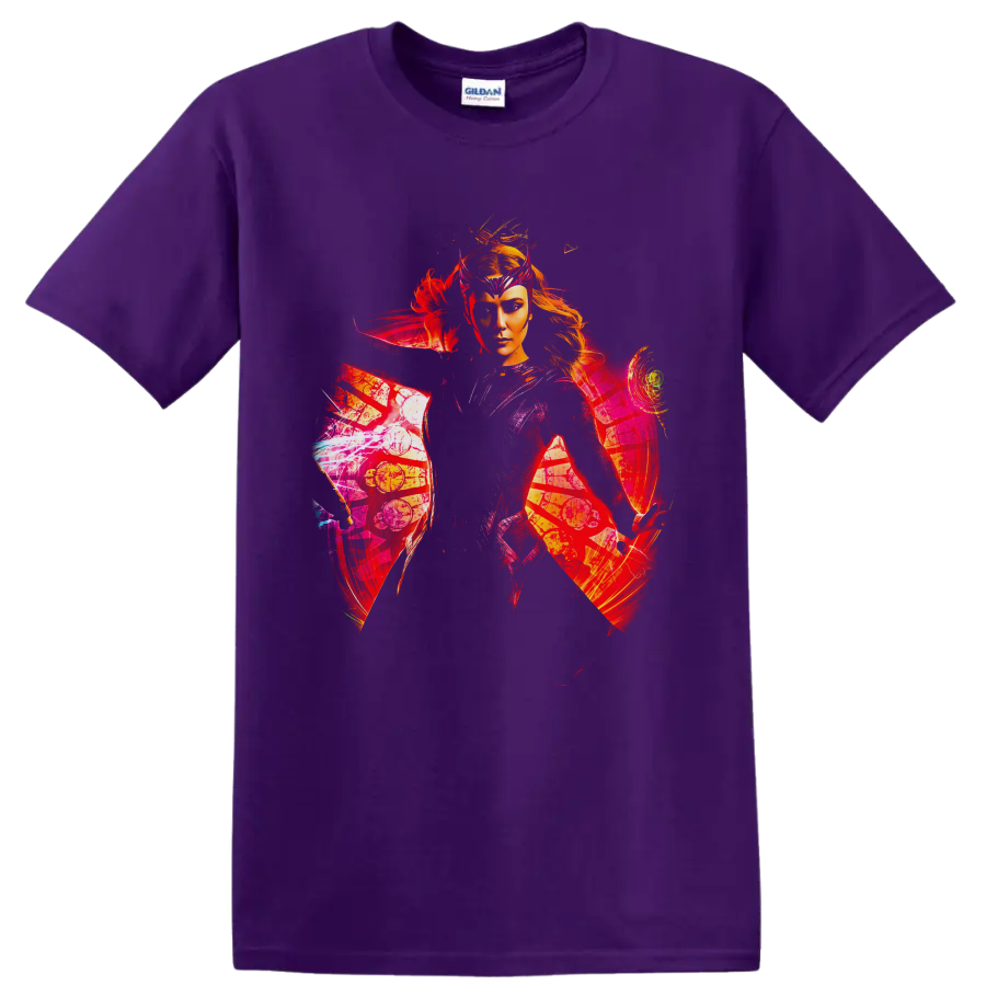 Scarlet Witch portrait with crimson magic, comic panels, and mystical symbols on a Purple T Shirt