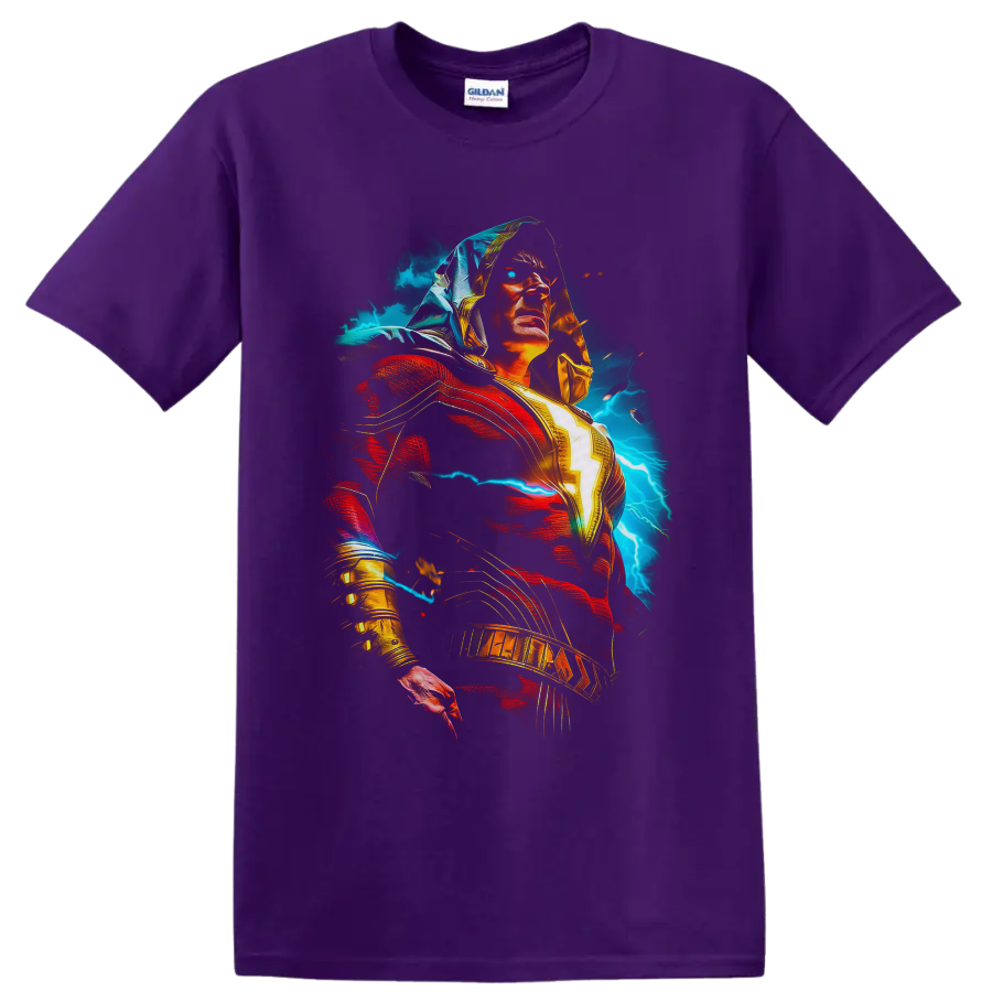 Shazam as Billy Batson with glowing lightning bolt, red cape, and electric storm art on a Purple T Shirt