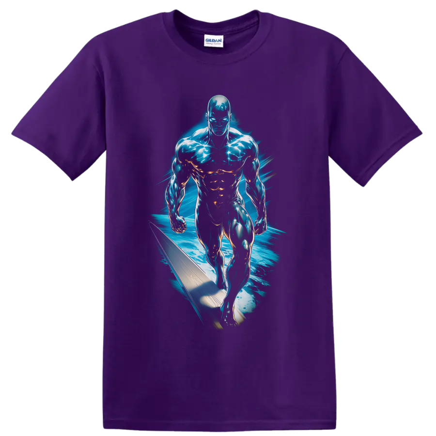 Silver Surfer Norrin Radd cosmic surfboard art with electric blue energy on a Purple T Shirt